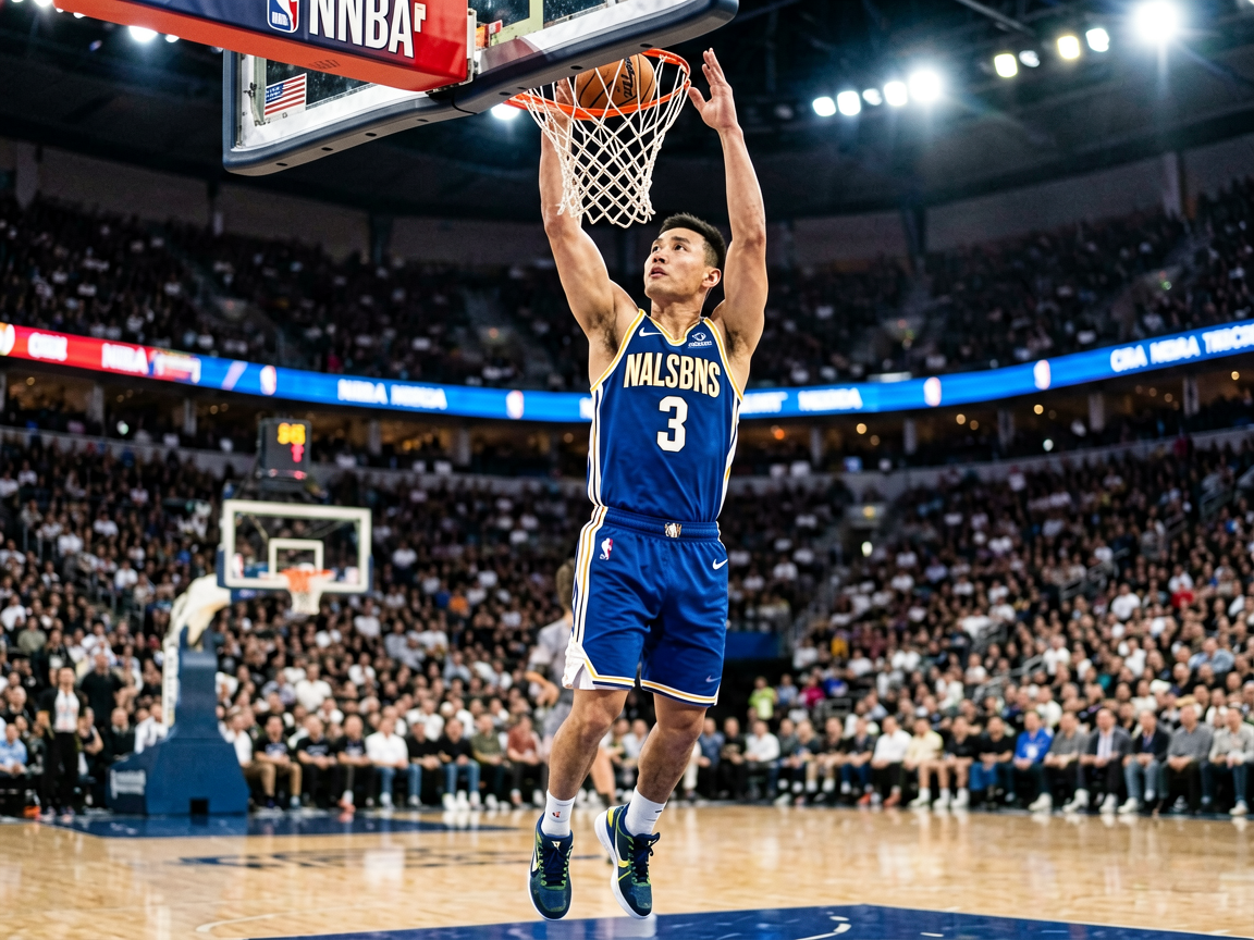 NBA赛事：球星扣篮瞬间，球场灯光璀璨，展现NBA最高水平篮球竞技的震撼场面